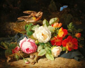 Bird,And,Roses,.,Still,Life.,In,The,Style,Of